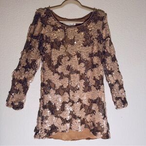 NWOT Pink/Nude/Gold Sequin Long-Sleeve DRESS THE POPULATION Large Mini